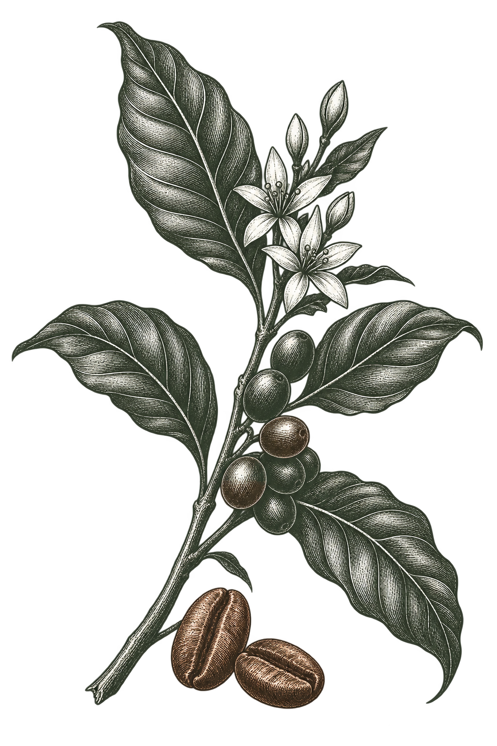 Botanical illustration of a coffee branch, coffee cherries, and roasted beans